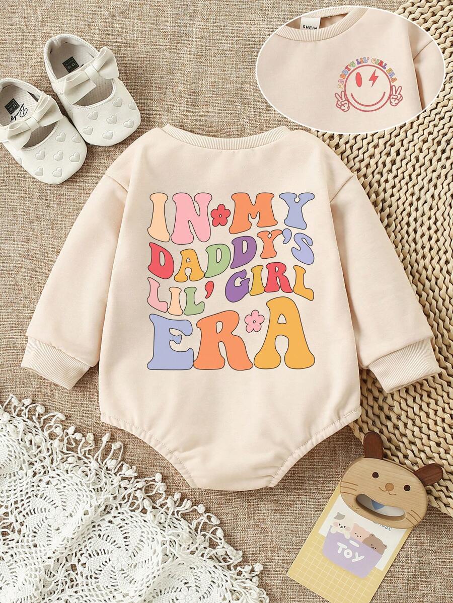 女婴休闲时尚可爱花卉渐变彩色标语印花长袖连体衣