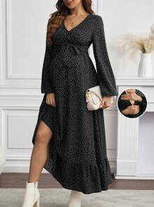 SHEIN V-Neck Allover Print Split Thigh Dress With Long Sleeves, Maternity Nursing Dress - Black - View 3