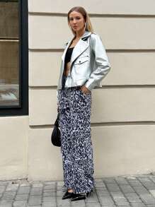 SHEIN Essnce Autumn Women's Leopard Print Overalls Straight-Leg Trousers With Adjustable Leggings, Daily Casual, Fashionable Street, Airport Wear, Back-To-School Season Wear, Autumn Women's Wear, Leopard Print Clothing,  Sister Wear - Grey - View 5