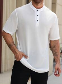 Manfinity Homme Camisa polo casual de manga corta con botones delanteros de unicolor talla grande para hombre