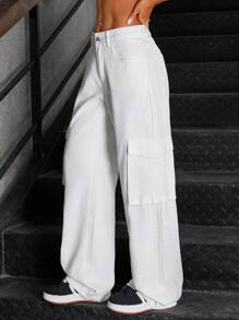 SHEIN ICON Jeans rectos de pierna simplificada con múltiples bolsillos y botón delantero en un estilo lavado sencillo