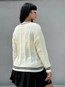Flirla Große Größen modische gerippte Strick Schleife Dekor Strickjacke, für den Herbst - Aprikosenfarben - Übersicht 2