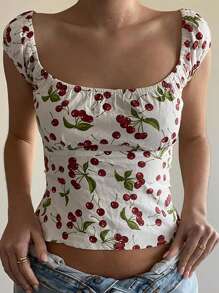 INAWLY Blusa informal de verano con estampado de cerezas para mujer