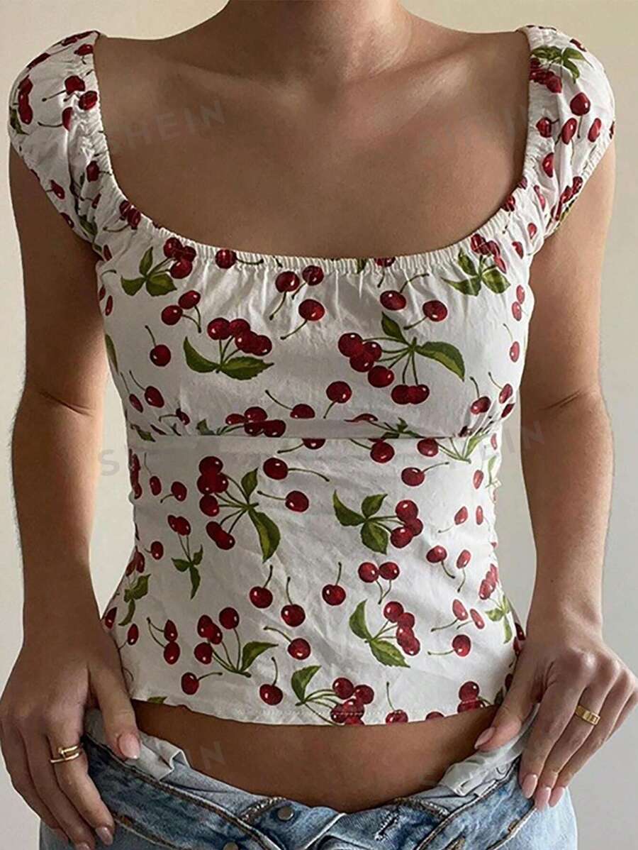 INAWLY Blusa informal de verano con estampado de cerezas para mujer