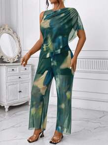 Celure 2 piezas Conjunto de top y pantalones de moda talla grande de malla teñida anudada, verano