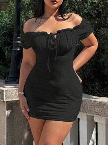 Sunnyshic Plus Size Solid Color Off-Shoulder Dress With Chest Pleats, Knitting Jacquard Fabric, Summer Vacation Beach Outfits Women