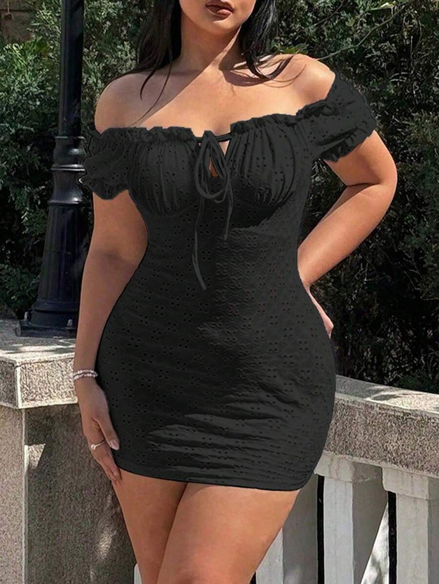 Sunnyshic Plus Size Solid Color Off-Shoulder Dress With Chest Pleats, Knitting Jacquard Fabric, Summer Vacation Beach Outfits Women