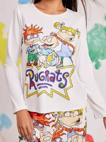 Nick 90s X SHEIN Conjunto de pijama con top y pantalones con estampado de dibujos animados para mujer