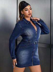 SHEIN ICON 大码前拉链长袖口袋简约休闲短款牛仔连衣裙