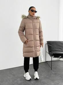 EURMUSE SNAP BUTTONED FAUX HOODED PUFFER WINTERCOAT - Beige - View 7