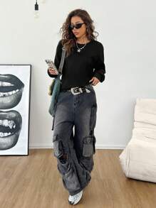 SHEIN EZwear Áo nỉ thường ngày trễ vai màu trơn cho nữ, Thu/Đông - màu đen - Xem 6