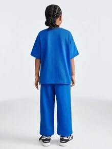 SHEIN Tween Girl Loose Fit Sports Round Neck Short Sleeve T-Shirt And Jogger Pants Set With Letter Print