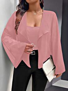 Celure Plus Size Women's Solid Color Flared Casual Open Front Elegant Jacket, Spring & Fall