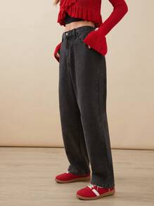 WESTFADE Jeans rectos de cintura media de algodón de mezclilla premium de los años 90 - Negro - Ver 6