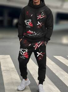 Tween Boy 街头涂鸦熊黑色连帽衫黑色涂鸦和慢跑裤两件套男童秋装