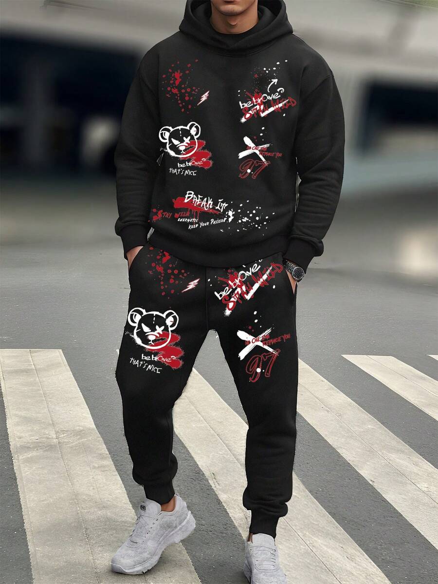 Tween Boy 街头涂鸦熊黑色连帽衫黑色涂鸦和慢跑裤两件套男童秋装