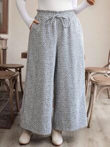 SHEIN LUNE Plus Size Casual Herringbone Wide Leg Pants, Autumn Winter Holiday - Multicolor - View 4
