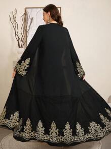 Al Najma 女士花卉刺绣网眼喇叭袖优雅长袖长袍，端庄休闲开襟长袍，适合晚会/婚礼嘉宾/周年纪念 - 黑色 - 查看 1