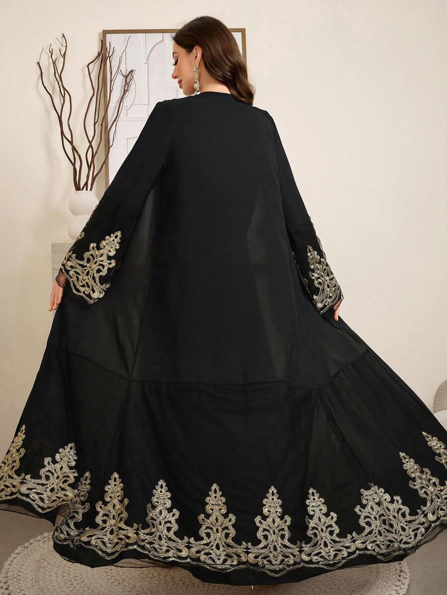 Al Najma 女士花卉刺绣网眼喇叭袖优雅长袖长袍，端庄休闲开襟长袍，适合晚会/婚礼嘉宾/周年纪念 - 黑色 - 查看 1
