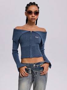SHEIN Coolane Women's Vintage Y2K Knit Off Shoulder Long Sleeve Zip Up Stretchy Bodysuit Cardigans Sweater - Royal Blue - View 6
