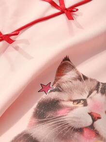 DAZY 可爱猫咪印花蝴蝶结装饰插肩袖宽松睡裙睡衣 - 粉色 - 查看 9
