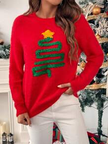 Chiquease Damski luźny sweter z okrągłym dekoltem i wzorem choinki, z długim rękawem i okrągłym dekoltem, idealny na jesień i zimę. Sweter na jesień. - Czerwony - Zobacz 5