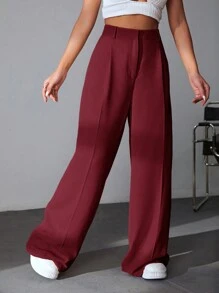 SHEIN EZwear Quần ống đứng đơn giản màu trơn, mặc thường ngày - Đỏ - Xem 5