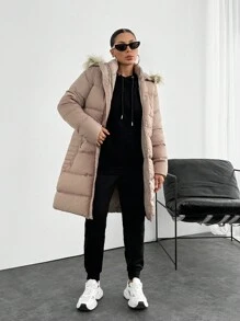 EURMUSE SNAP BUTTONED FAUX HOODED PUFFER WINTERCOAT - Beige - View 4