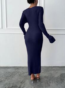 RueChic Solid V Neck Sweater Dress - Blue - View 2