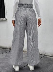 SHEIN LUNE Women's Casual High Waist Black & White Striped Pocket Wide Leg Pants