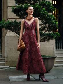 Anewsta 女士刺绣酒红色吊带裙 超长款 PU 皮革女装 - 酒紅色 - 查看 4