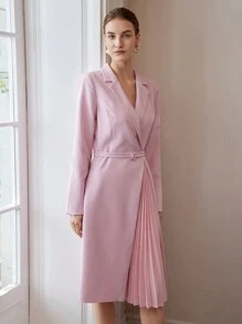 MOTF PREMIUM MIDIKLEID MIT REVERSKRAGEN, PLISSIERTEM EINSATZ, SCHNALLE UND GÜRTEL