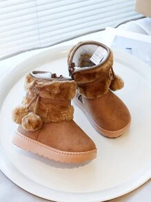 1 双女童卡其色毛绒绒球雪地靴，软底防滑中筒冬靴 - 卡其色 - 查看 3