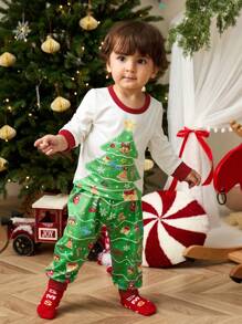 SHEIN 2 pezzi/set Completi natalizi per bambini maschi - Maglietta a manica lunga con collo tondo casual e pantaloni della tuta con stampa albero di Natale, morbidi e comodi per autunno/inverno