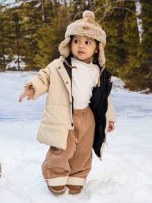 SHEIN Baby Girl Daily Casual Simple Warm Hooded Long Padded Coat, Clothes Suitable For Outings In Autumn And Winter - Apricot - View 1