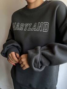 DAZY Bộ đồ thể thao nữ mùa xuân thu gồm áo nỉ tay rớt in chữ và quần cargo, bộ đồ mặc nhà cho nữ. - Xám - Xem 7