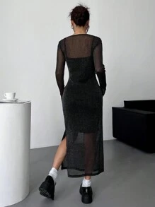 SHEIN EZwear 大码黑色透明网眼覆盖衬里连衣裙，春夏 - 黑色 - 查看 2