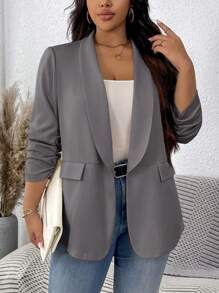 SHEIN LUNE Plus Size Women Spring/Autumn Solid Color Shawl Collar Pleated Elegant Blazer Jacket Winter Fall