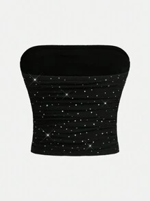 SHEIN Essnce Top con corset negro para mujer, básica con fruncido y decorada con rhinestones, top tubo para uso casual diario, salir, fiestas y eventos - Negro - Ver 2