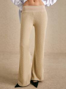 Poéselle 女士纯色开叉直筒休闲毛衣裤，厚针织衫，秋冬女装，舒适休闲裤，轻松时尚必备单品，FW24 - 卡其色 - 查看 2