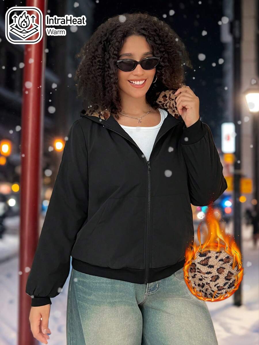 SHEIN EZwear 大码女式纯色连帽长袖夹克，女式黑色夹克