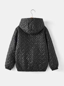 青少年男孩休闲纹理 PU 蓬松连帽宽松夹棉外套，冬季 - 黑色 - 查看 2