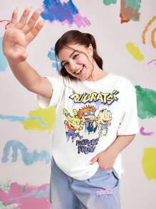 Nick 90s | SHEIN Áo thun hở vai in chữ và nhân vật hoạt hình cỡ lớn, mùa hè - trắng - Xem 1