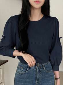 DAZY Áo chui đầu tay dài cổ tròn 3/4 màu trơn dành cho nữ - Màu xanh hải quân - Xem 2