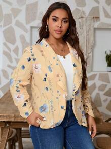SHEIN LUNE Plus Size Women Floral Print Chiffon Casual Blazer Jacket With Shawl Collar
