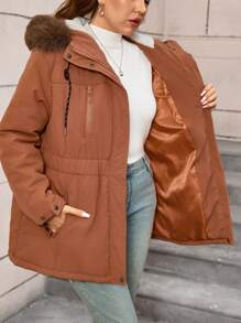 SHEIN LUNE Plus Size Damski zimowy płaszcz z kapturem i ściągaczem w pasie Patchwork Puszysty ocieplany - Brązowy mocha - Zobacz 4