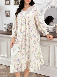 CottageSlumber 加大码印花蕾丝边V领开襟睡裙，Moo Moo品牌，舒适优雅细节，秋冬款 - 杏色 - 查看 5