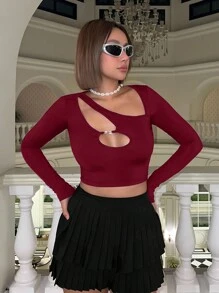 SHEIN ICON Cropped Long Sleeve Tee With Asymmetrical Cutout Neckline - Burgundy - View 3