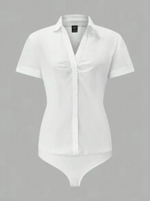 SHEIN Clasi 大尺碼女款純色短袖連身衣 - 白色 - 查看 1