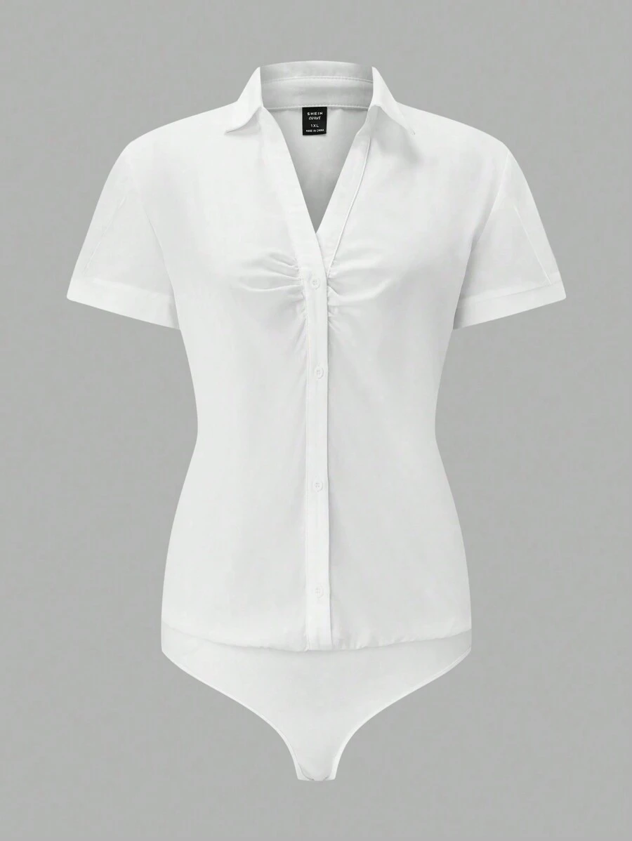 SHEIN Clasi 大尺碼女款純色短袖連身衣 - 白色 - 查看 1